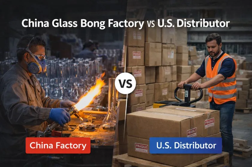 China glass bong factory worker making products vs U.S. distributor in warehouse.