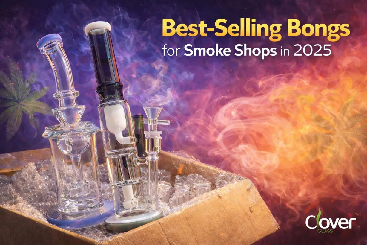 Two clear glass bongs in a box, best-selling for smoke shops in 2025.