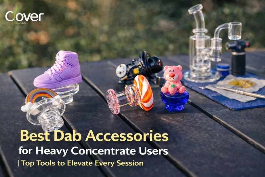 Colorful dab accessories, rig, torch, and concentrates on a wooden table.