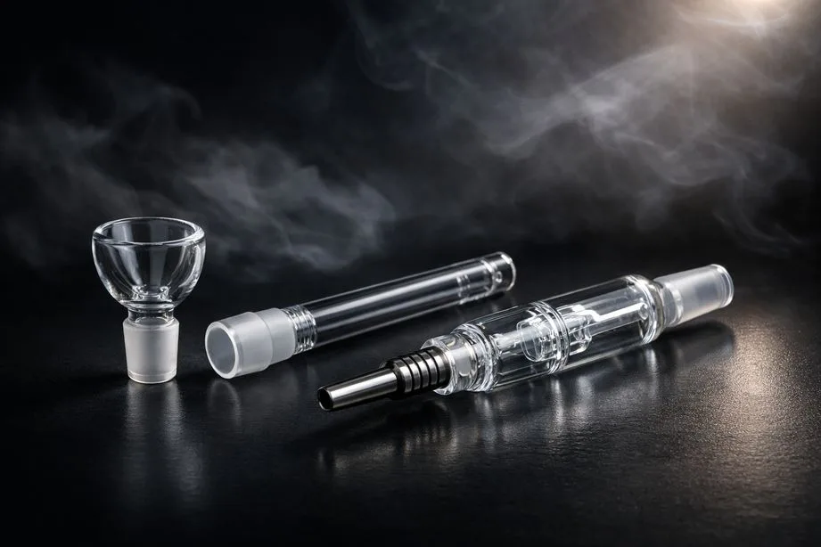 Clear glass dab rig components: bowl, tube, and nectar collector with metal tip.