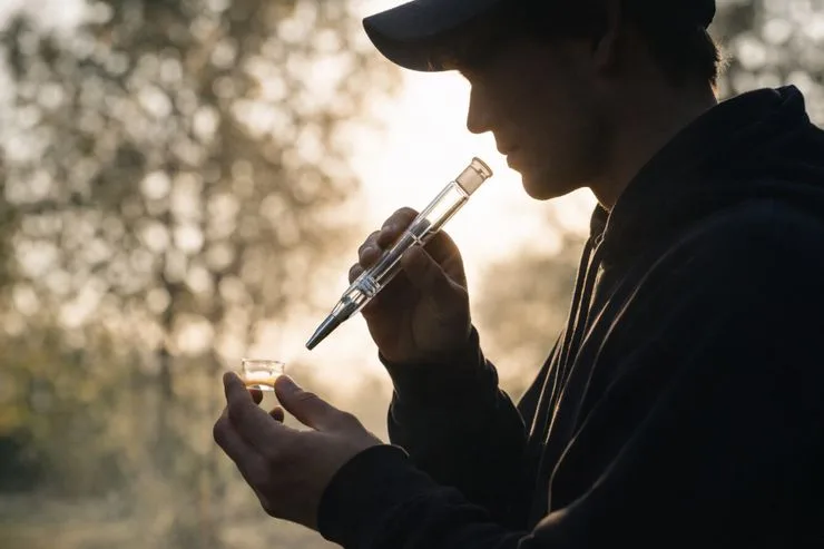 Silhouette of a person dabbing with a glass nectar collector and concentrate outdoors.