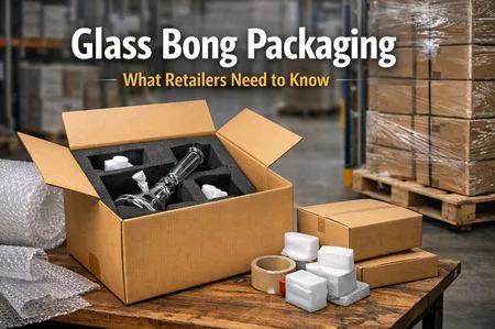 Glass bong packaged in custom foam inside a cardboard box for shipping.