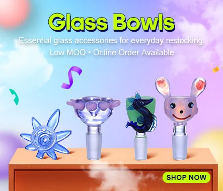 Colorful glass bowls for smoking accessories, featuring unique star, ornate, dragon, and bunny designs.