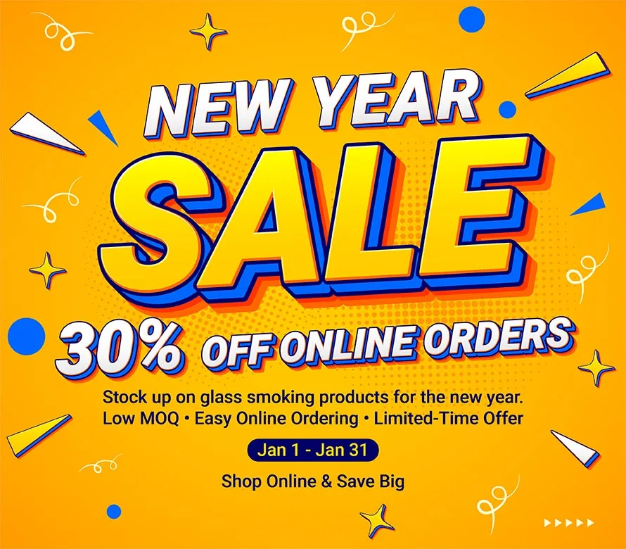 Vibrant New Year Sale banner offering 30% off online glass smoking products.