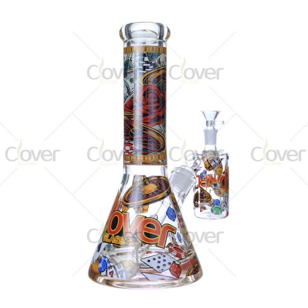 11.81" Vegas Casino Print Beaker Bong – 9mm Thick Glass Water Pipe with Matching Ash Catcher