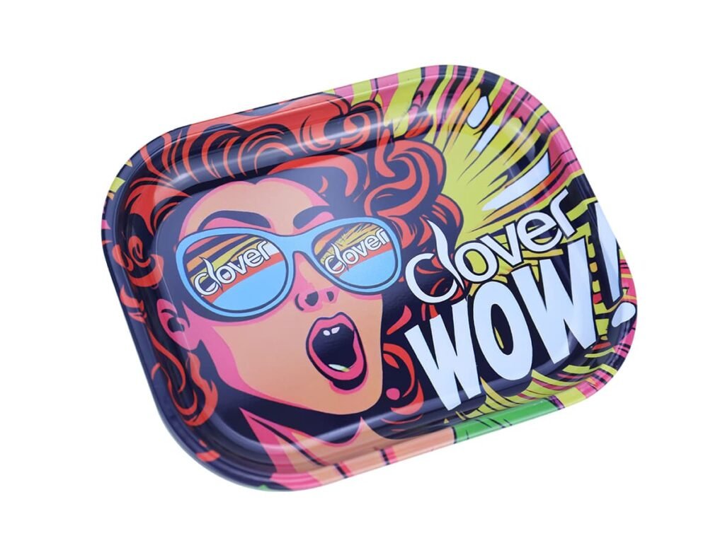 Colorful pop art metal tray featuring a woman with 'Clover' sunglasses and 'WOW!' text.