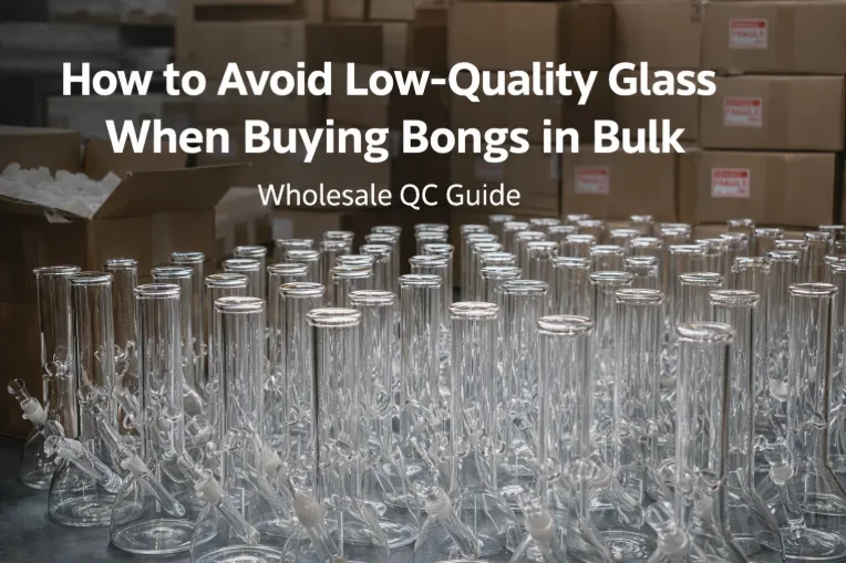 Rows of clear glass bongs in a warehouse for wholesale bulk purchasing.