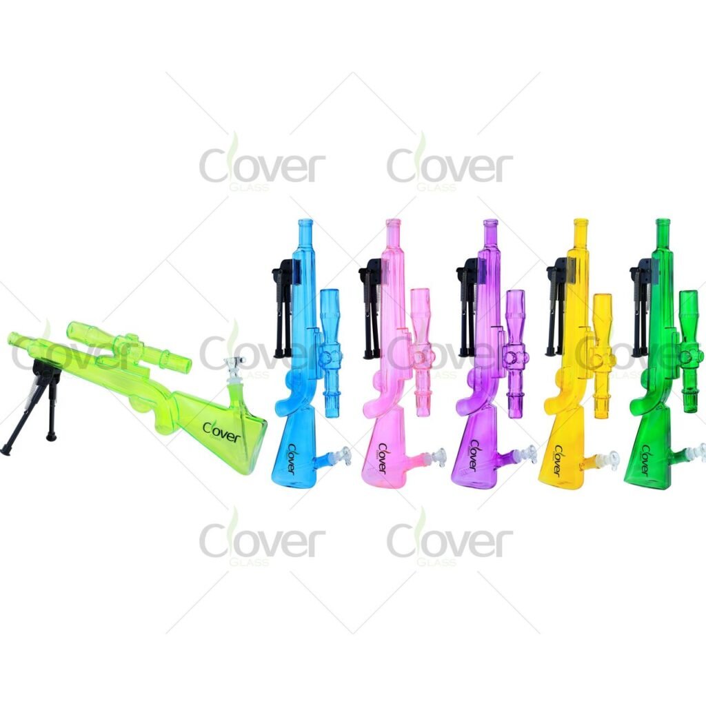 Colorful rifle-shaped glass bongs with scopes and bipods by Clover Glass.