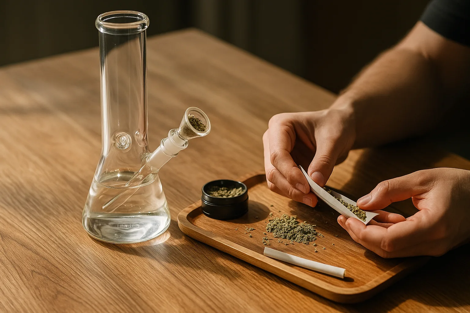 Hands rolling a cannabis joint on a wooden tray with a bong nearby.