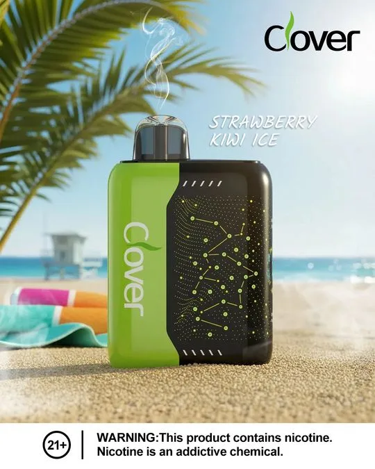 Green Clover Strawberry Kiwi Ice vape emitting vapor on a sunny beach.