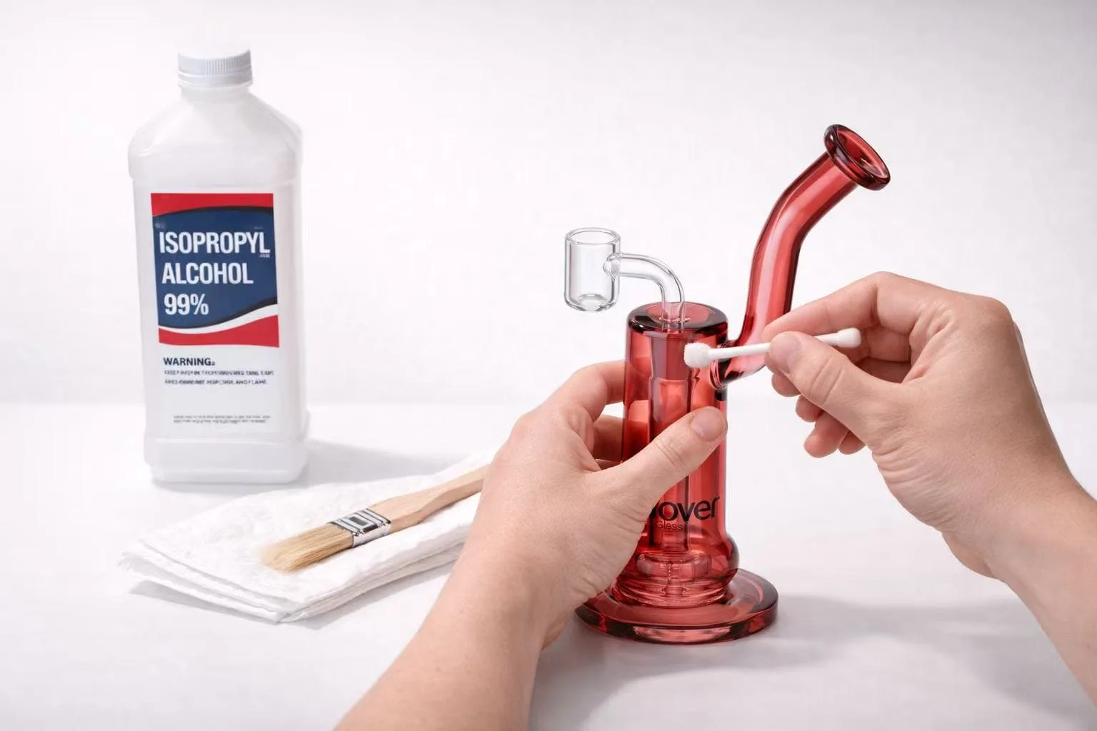 Hands cleaning a red glass dab rig with a cotton swab and isopropyl alcohol.