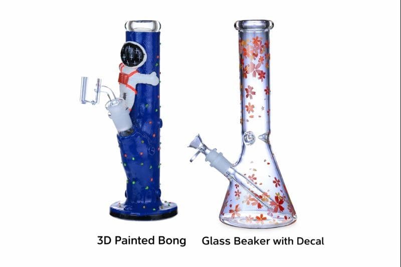 3D clay sculpted glass bong artwork compared with flat decal or printed graphics