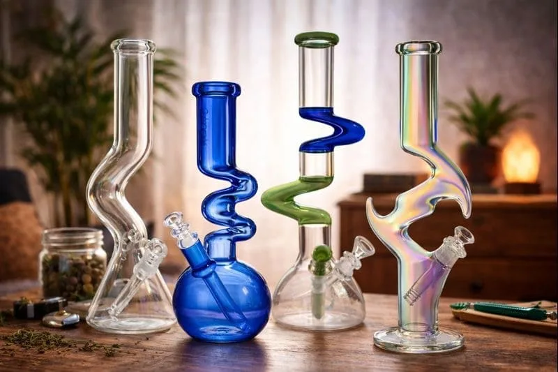 A collection of four colorful and uniquely shaped glass bongs on a wooden table.