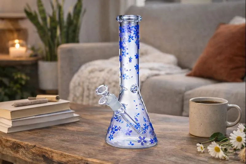 A clear glass beaker bong with a blue floral pattern on a wooden coffee table.