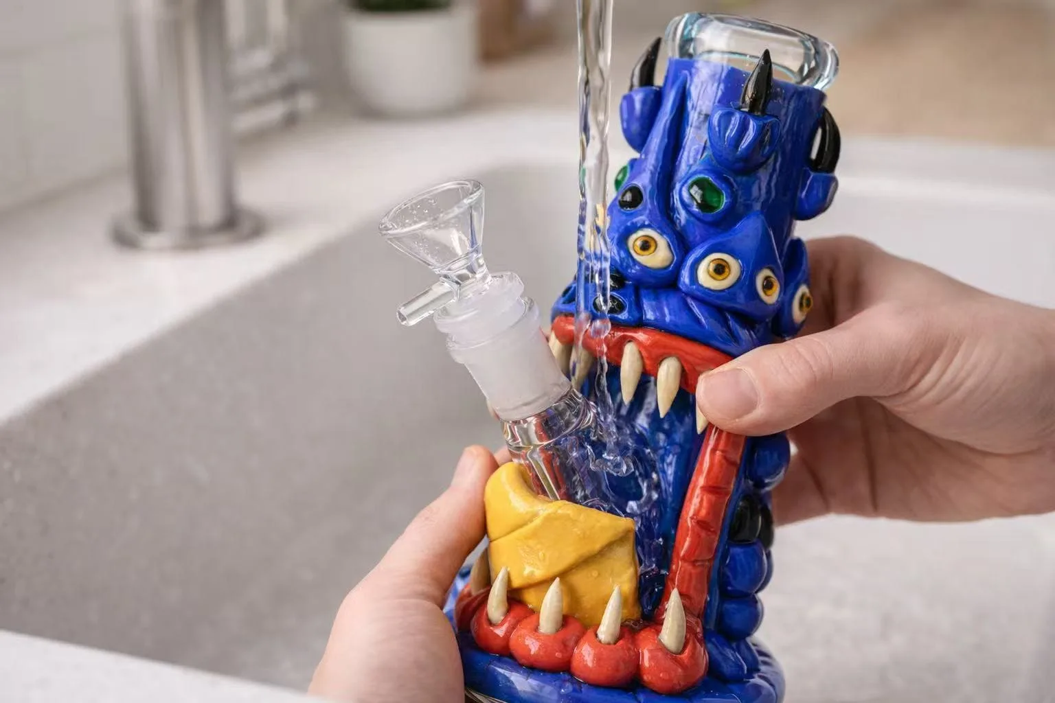 Person filling a blue monster-themed glass bong with water in a kitchen sink.