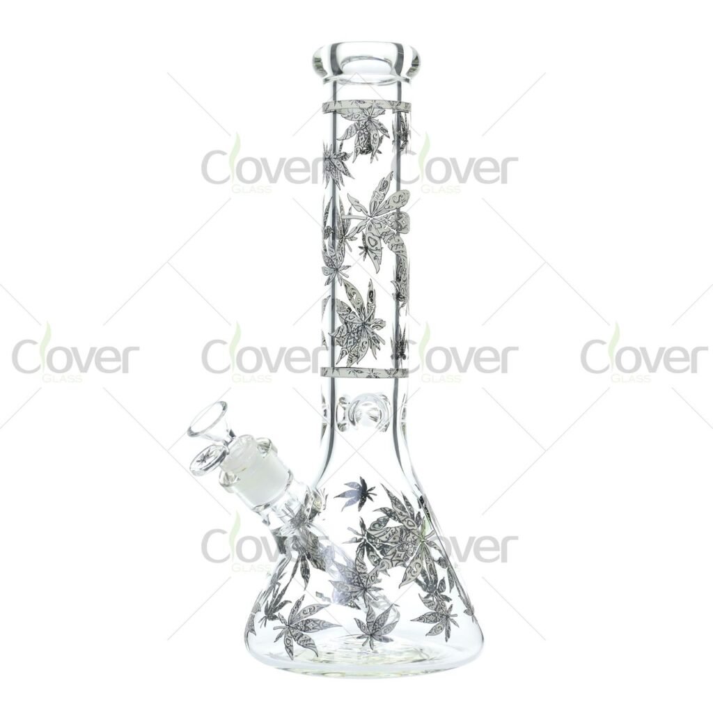 14.2" Glow-in-the-Dark Beaker Bong with Leaf Print – 7mm Thick Heavy Glass Water Pipe