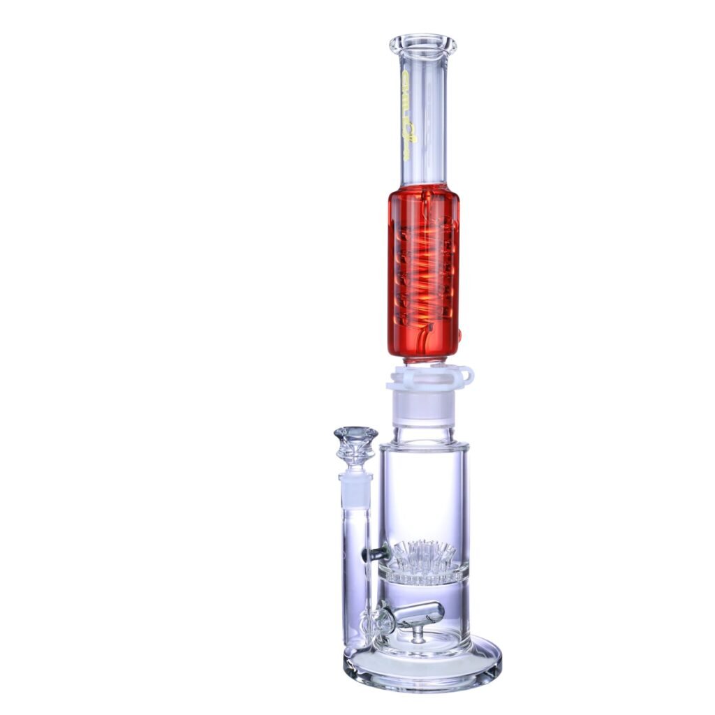 Tall glass bong with a red freezable glycerin coil and a matrix percolator.