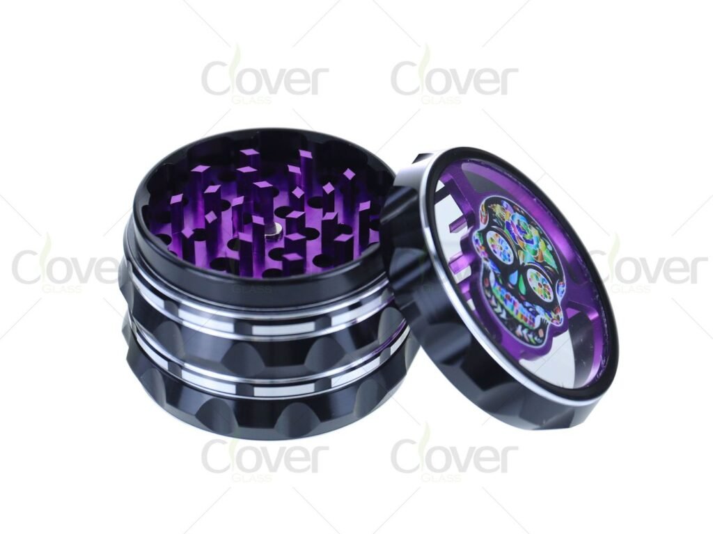 60mm 4-Piece Skull Design Herb Grinder with Display Window – Aluminum Alloy | 6pcs/Display | Clover Glass