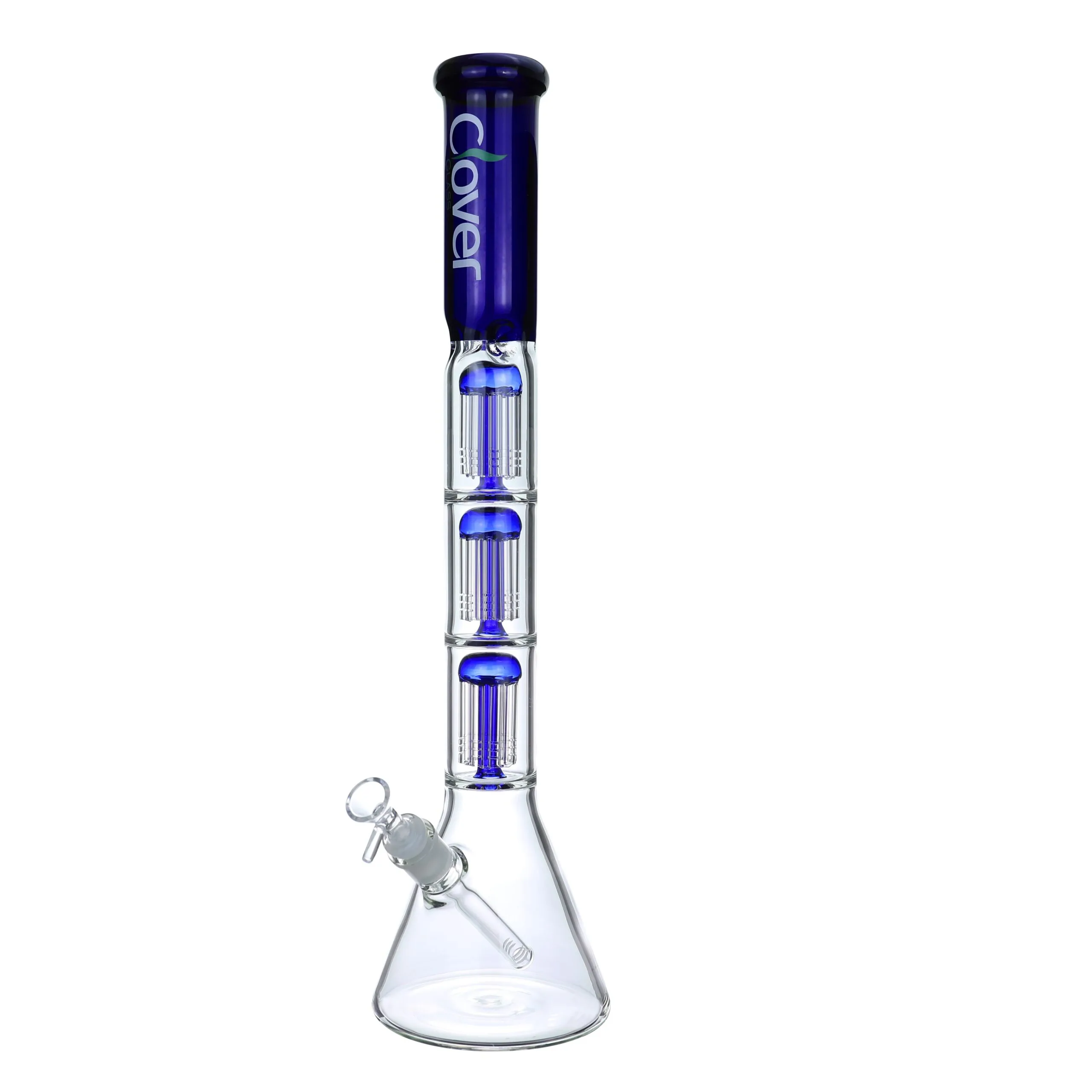 Tall Clover glass beaker bong with three stacked blue tree percolators and blue mouthpiece.
