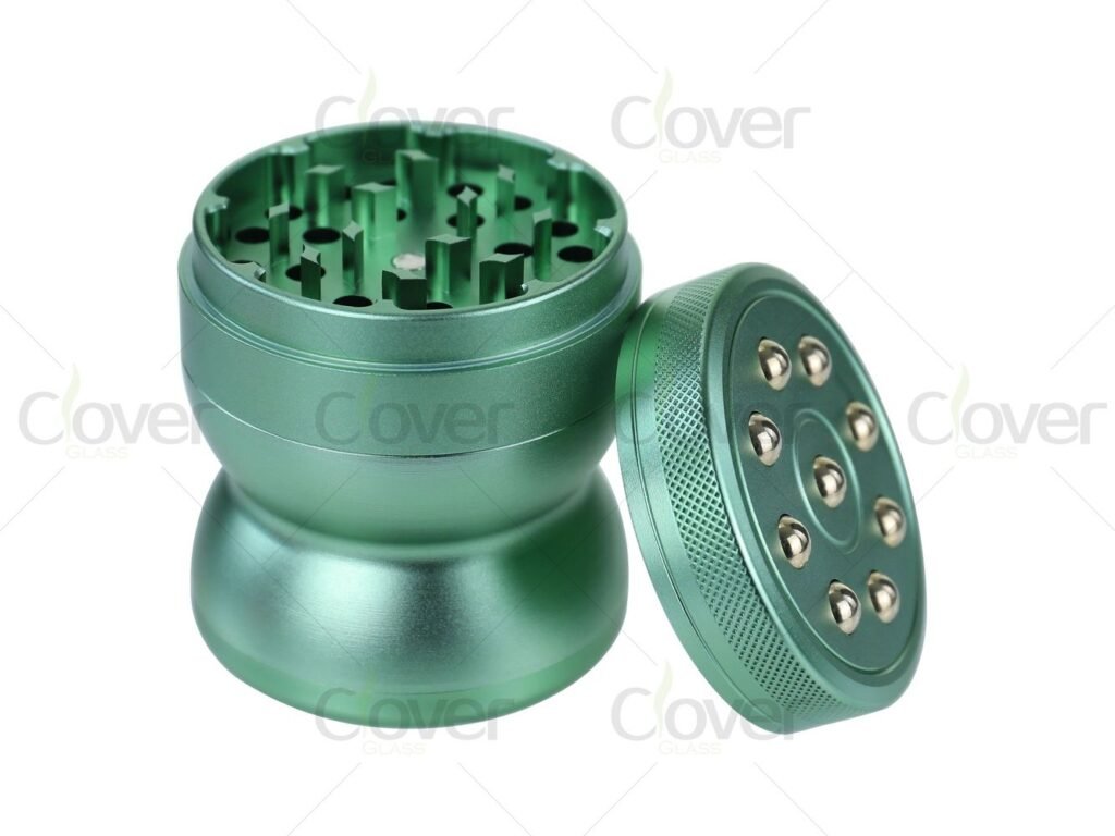 63mm 4-Piece Aluminum Alloy Herb Grinder with Ball-Bearing Bottom | Unique Curved Design | Clover Glass – 6pcs/Display