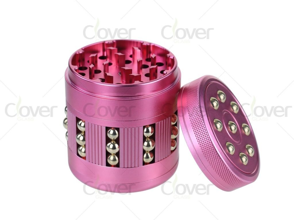 63mm 4-Layer Aluminum Alloy Grinder with Rolling Ball Grip | Clover Glass | 6pcs Display