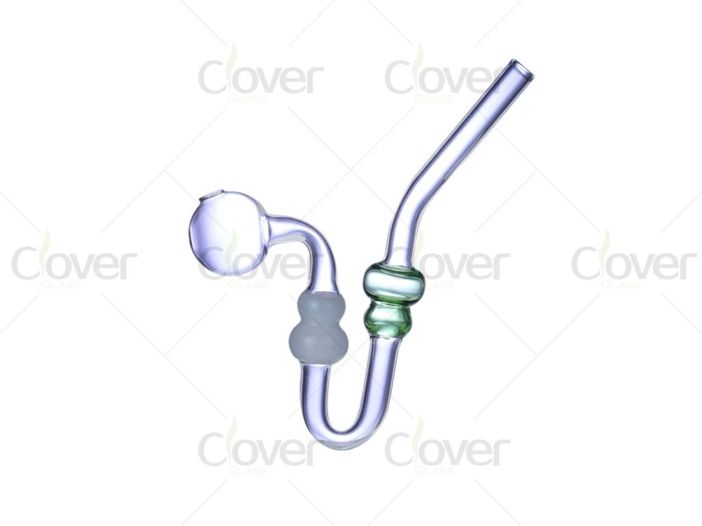 5.71" Bent Neck Glass Oil Burner Pipe with Double Bubble Chamber – Clear & Green Borosilicate Glass