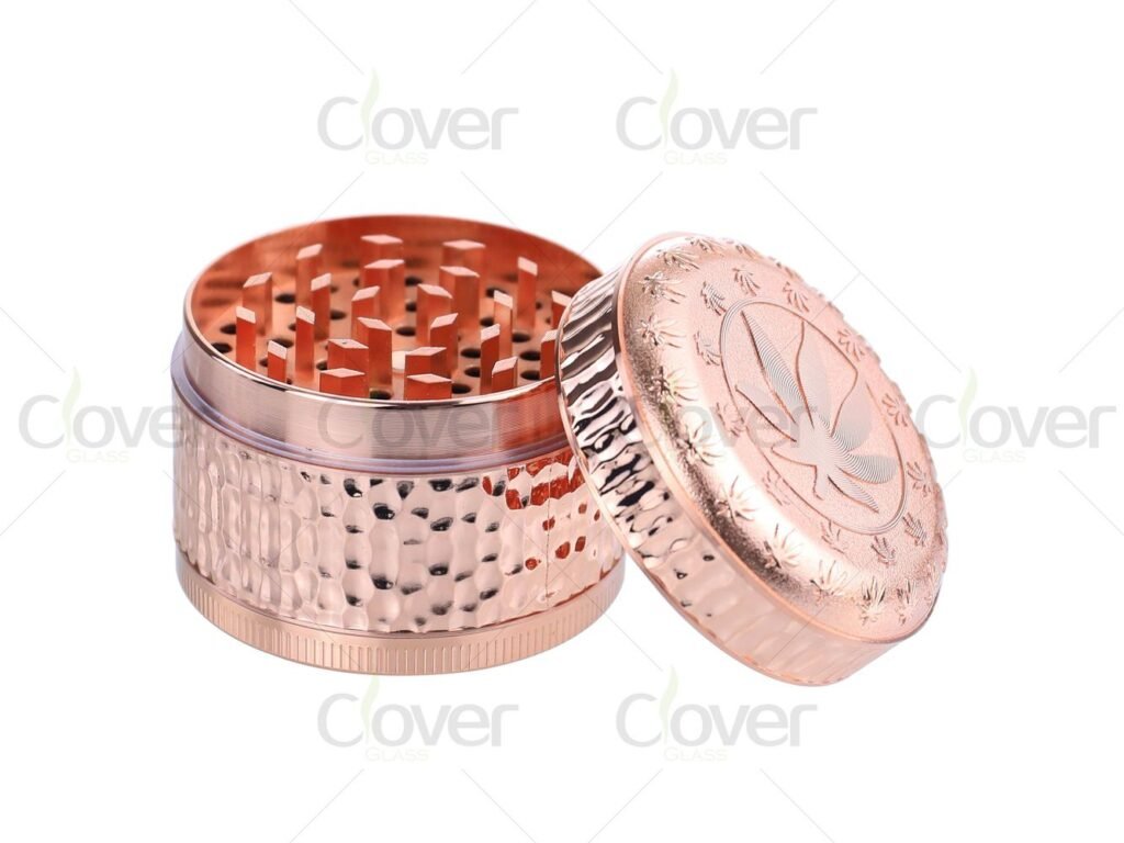 52mm 4-Layer Zinc Alloy Herb Grinder with Embossed Leaf Pattern | Textured Grip Design | Clover Glass – 6pcs/Display