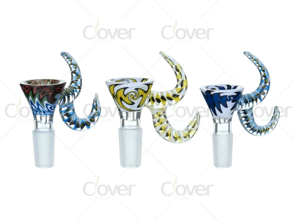 Clover Glass 14mm / 18mm Horn Handle Swirl Glass Bowl – 12PCS Display