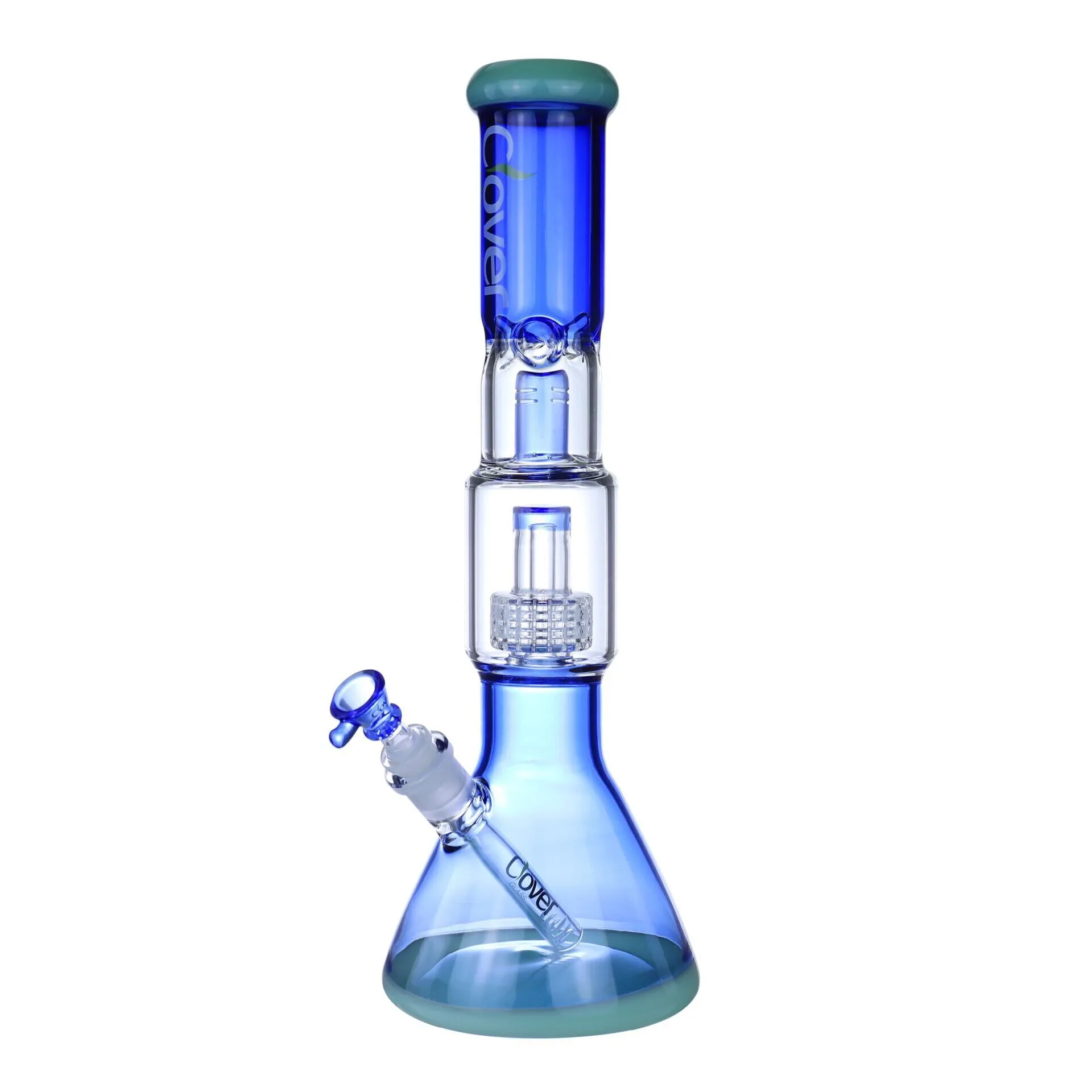 Clover Glass blue beaker bong with a matrix percolator and teal accents.