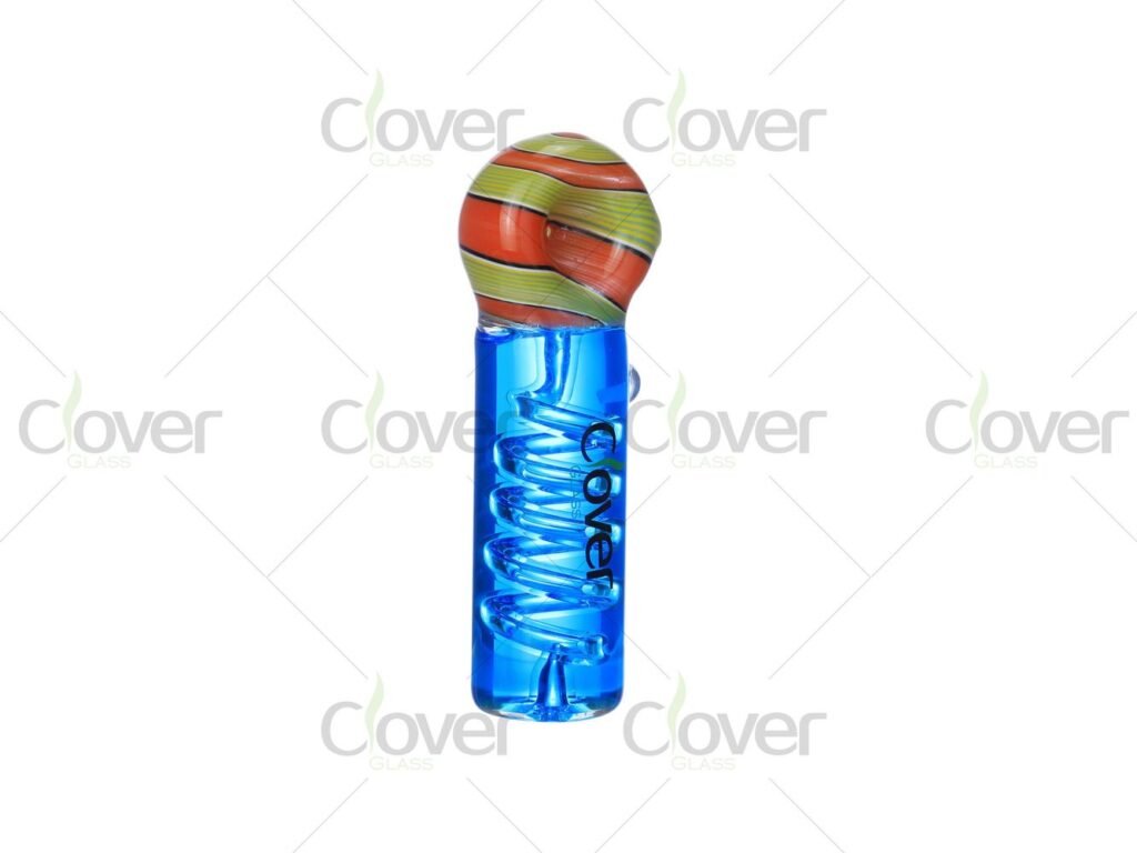 Colorful striped glass glycerin pipe with blue liquid spiral coil.