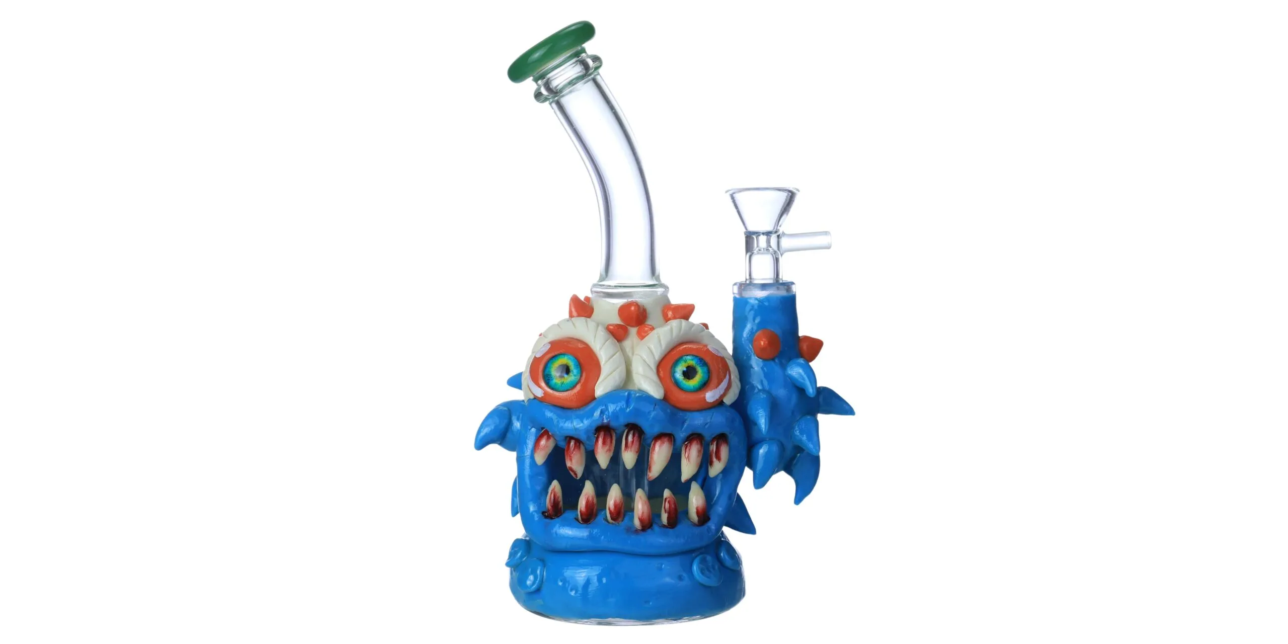Blue monster glass bong with bloodshot eyes, sharp fangs, and green mouthpiece.