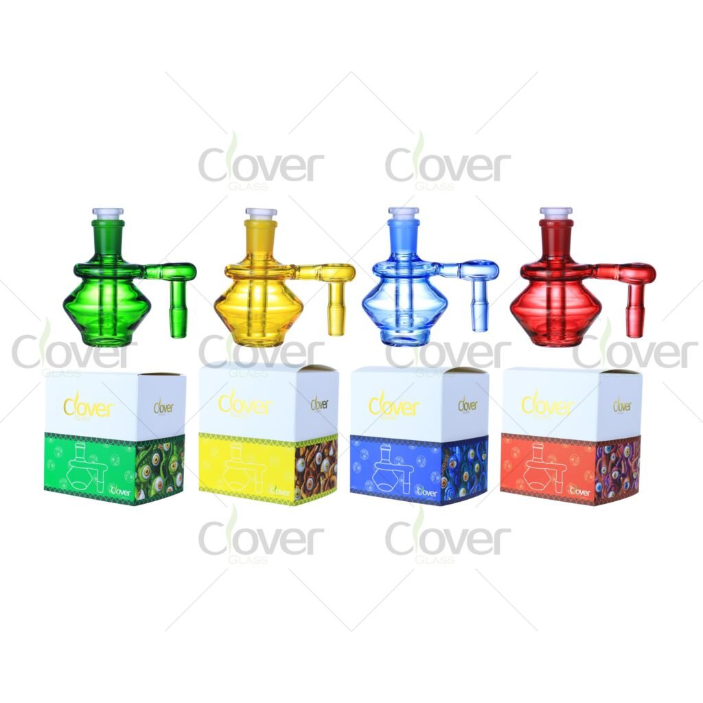 Four vibrant Clover Glass ash catchers: green, yellow, blue, red, with branded boxes.