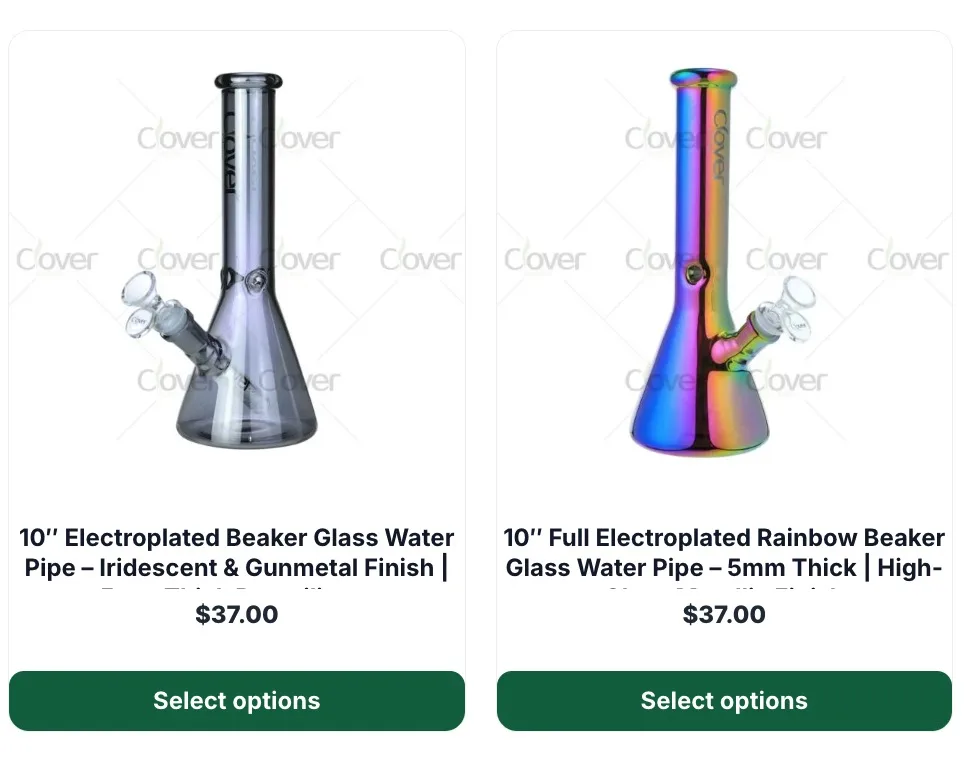 Two electroplated beaker glass water pipes, one gunmetal, one rainbow finish.