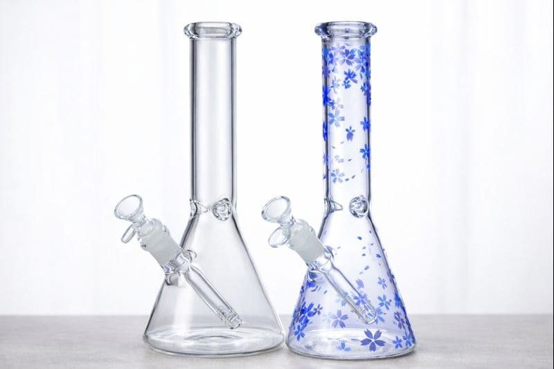 Decal beaker bong compared with plain beaker bong and straight tube bong