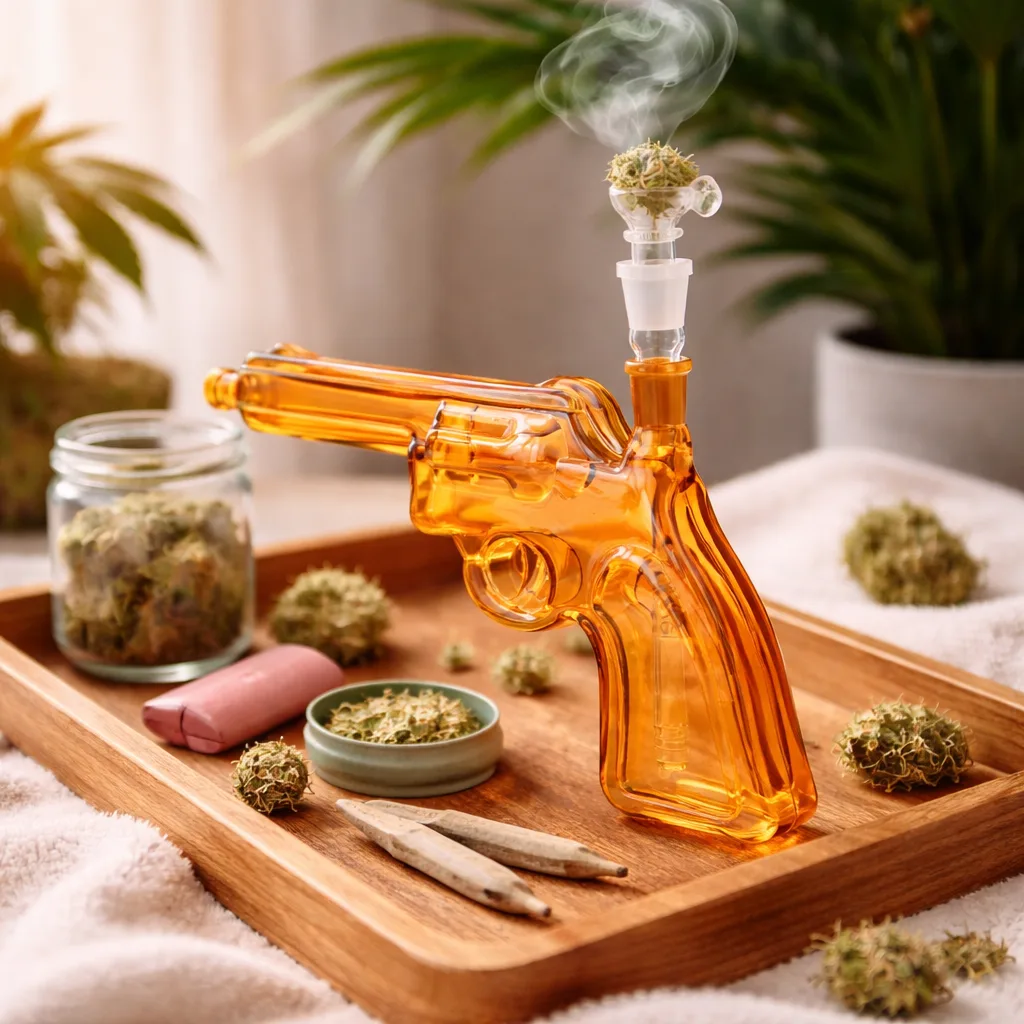 Amber glass revolver bong with smoking cannabis bowl on wooden tray.