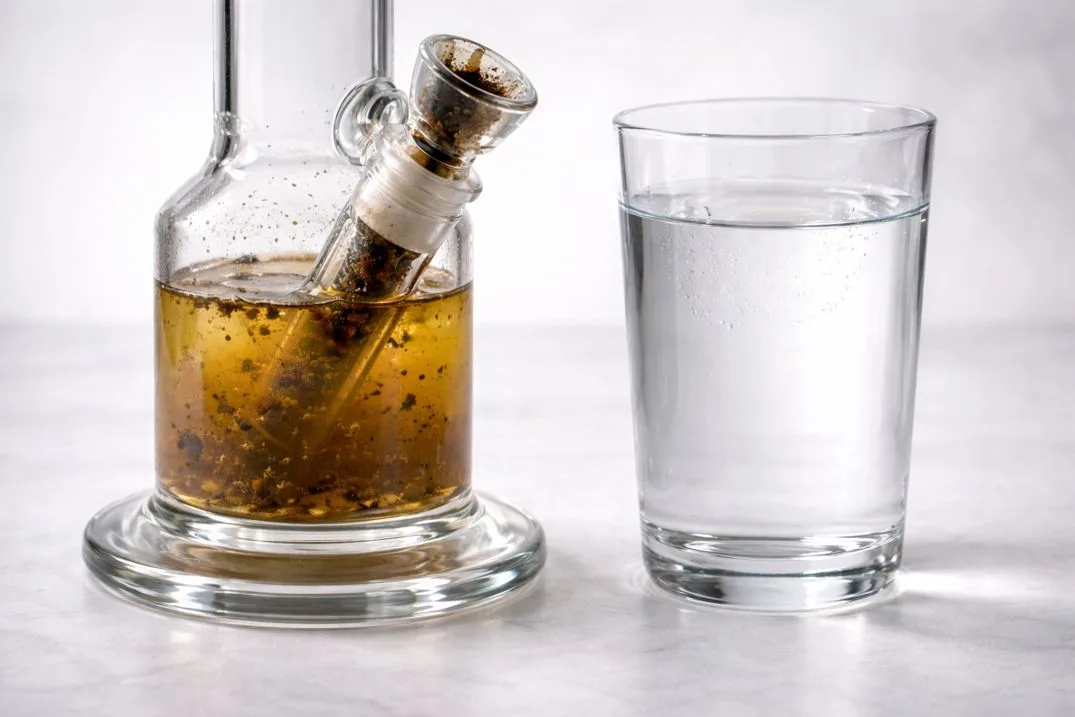 Comparison scene of dirty <a href="https://cloverglasspipe.com/best-glass-bongs-of-2025-whats-really-worth-your-money/"  data-wpil-monitor-id="9552">bong water beside a clean glass</a> of fresh drinking water on a minimal white background