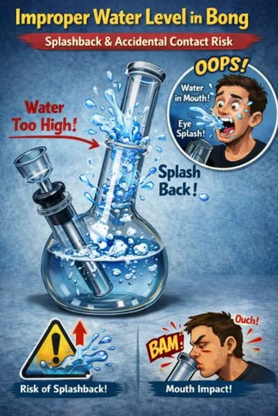 <a href="https://cloverglasspipe.com/ice-bongs/"  data-wpil-monitor-id="9525">Glass bong</a> mouthpiece splashback concept showing improper water level and accidental contact risk