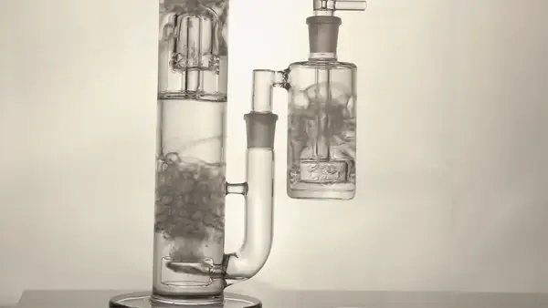 glass bong water chamber showing resin particles filtration