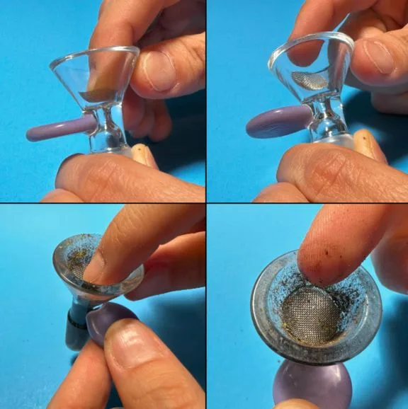 placing metal screen into glass bong bowl close-up tutorial