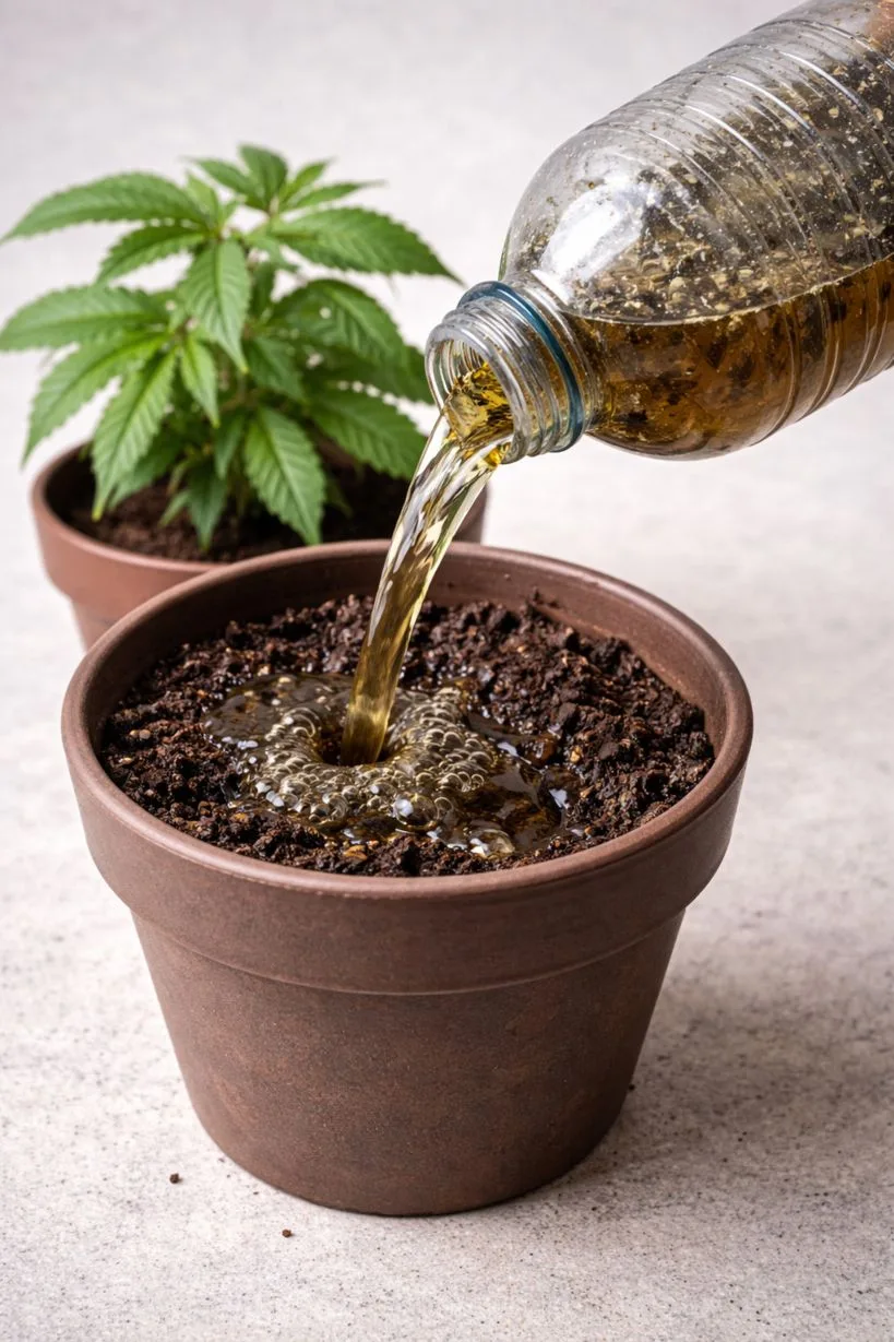 bong water being poured into plant pot demonstration