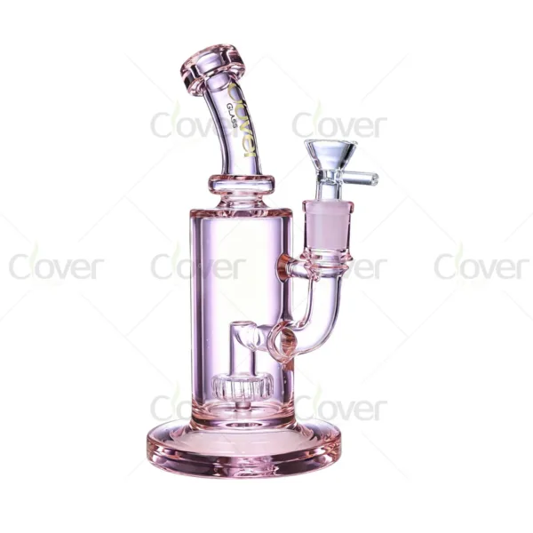 Pink glass bong with showerhead percolator, angled neck, and clear bowl.
