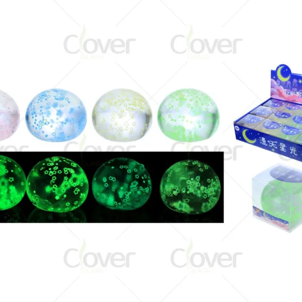 Luminous star pattern glow-in-the-dark bouncy balls, assorted colors, display box.