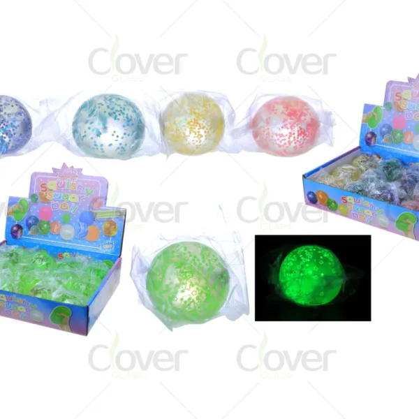 Assorted glitter squishy sugar balls, including a glowing green sensory stress ball.