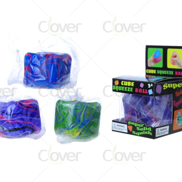 Assorted colorful cube squeeze balls in packaging with retail display box.