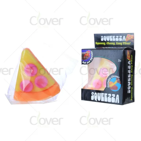 SQUEEZZA pizza slice squishy stress toy with pink pepperoni, in bag and box.