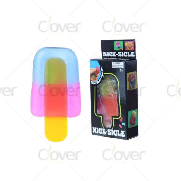 Colorful Nice-Sicle squishy popsicle toy, a sensory fidget with blue, pink, orange layers.