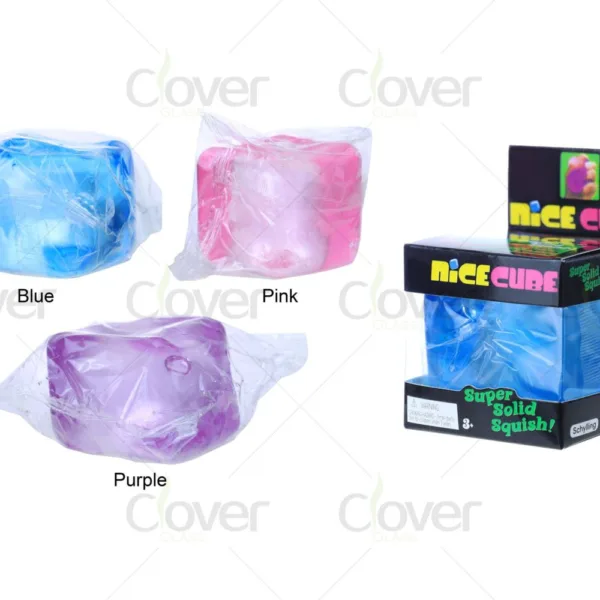 Nice Cube Super Solid Squish toys in blue, pink, purple, and retail box.