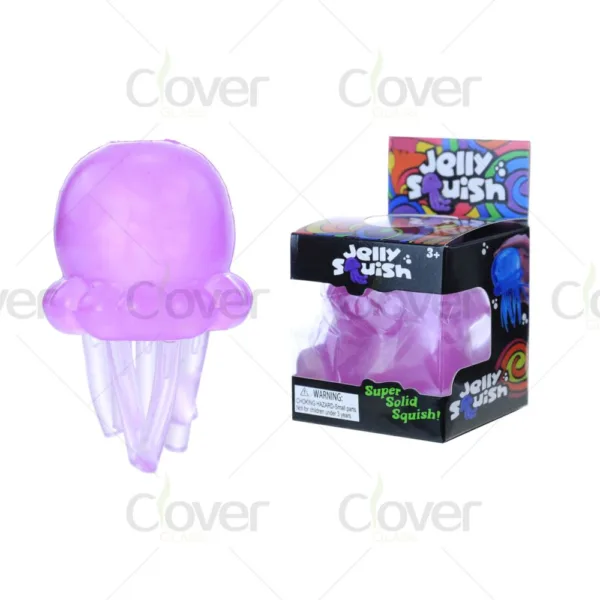 Purple jellyfish squishy toy with translucent tentacles next to its colorful retail box.