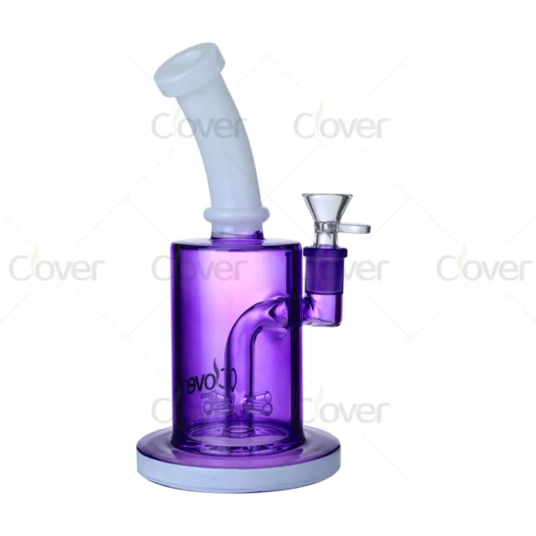 Vibrant purple glass water pipe with white mouthpiece and clear bowl.
