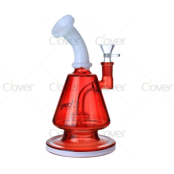 Vibrant red glass bong with white mouthpiece, conical body, and clear bowl.